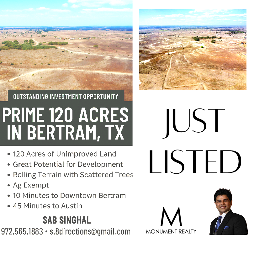 Side-by-side aerial images of land in Bertram, Texas, showing development potential, with text about land investment opportunity and contact details.