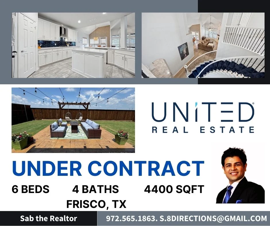 Collage of interior and exterior images of a house, with real estate details and a smiling man in a suit. Text includes 'Under Contract', property features, and contact info.