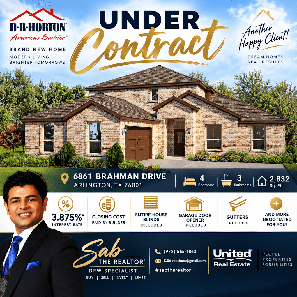 New brick house with garage, trees, and bushes, under a blue sky with clouds, and text about an under contract property.