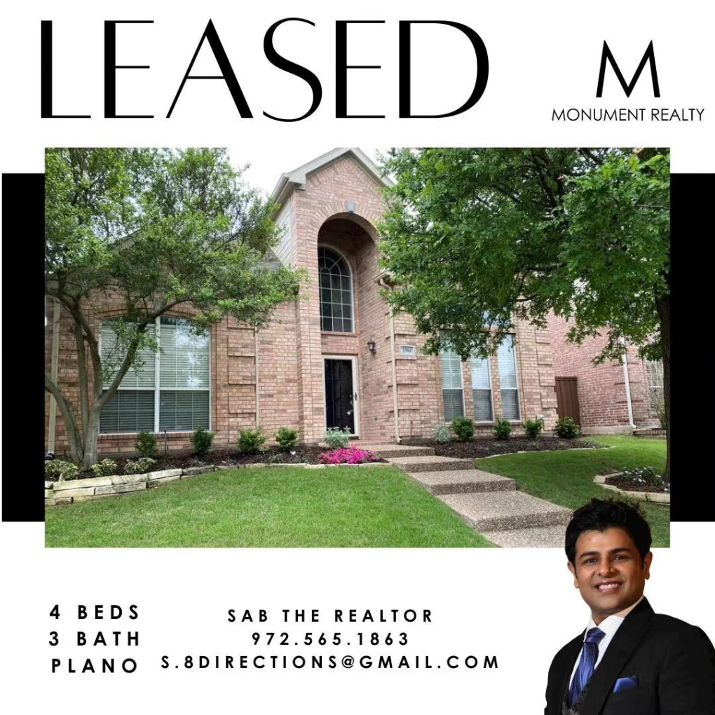 Front view of a brick house with trees and a lawn, person in suit in bottom right corner, text overlay.