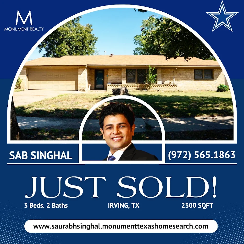 Real estate flyer showing a house, a smiling man, contact info, and details about a property in Irving, Texas.
