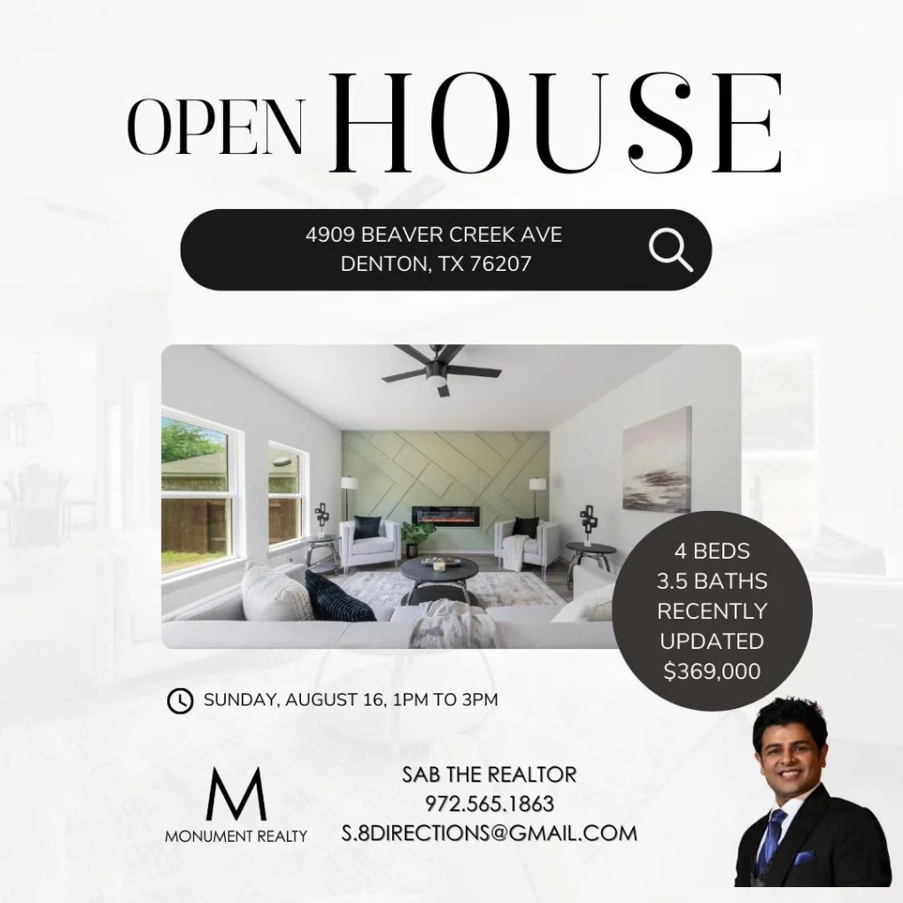 Real estate flyer for open house at 4909 Beaver Creek Ave, Denton, Texas, showing a living room, with details about beds, baths, and price.