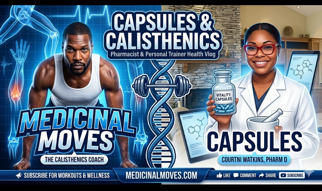 A man and a woman in medical attire promote capsules and callisthenics, with health-related graphics and text in the background.