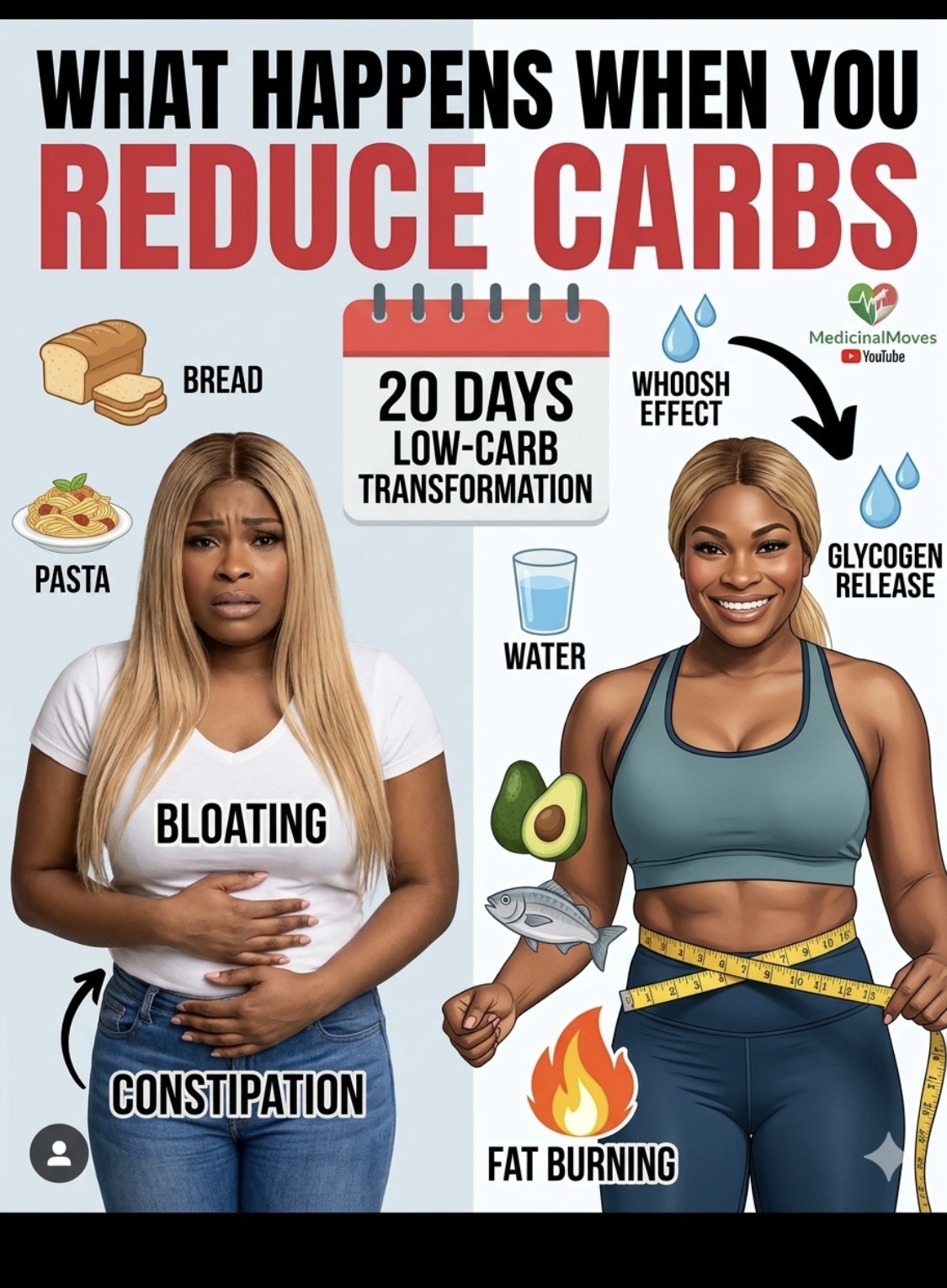 Two women, one bloated and one slim, with text about reducing carbs and 20 days transformation, surrounded by food icons.