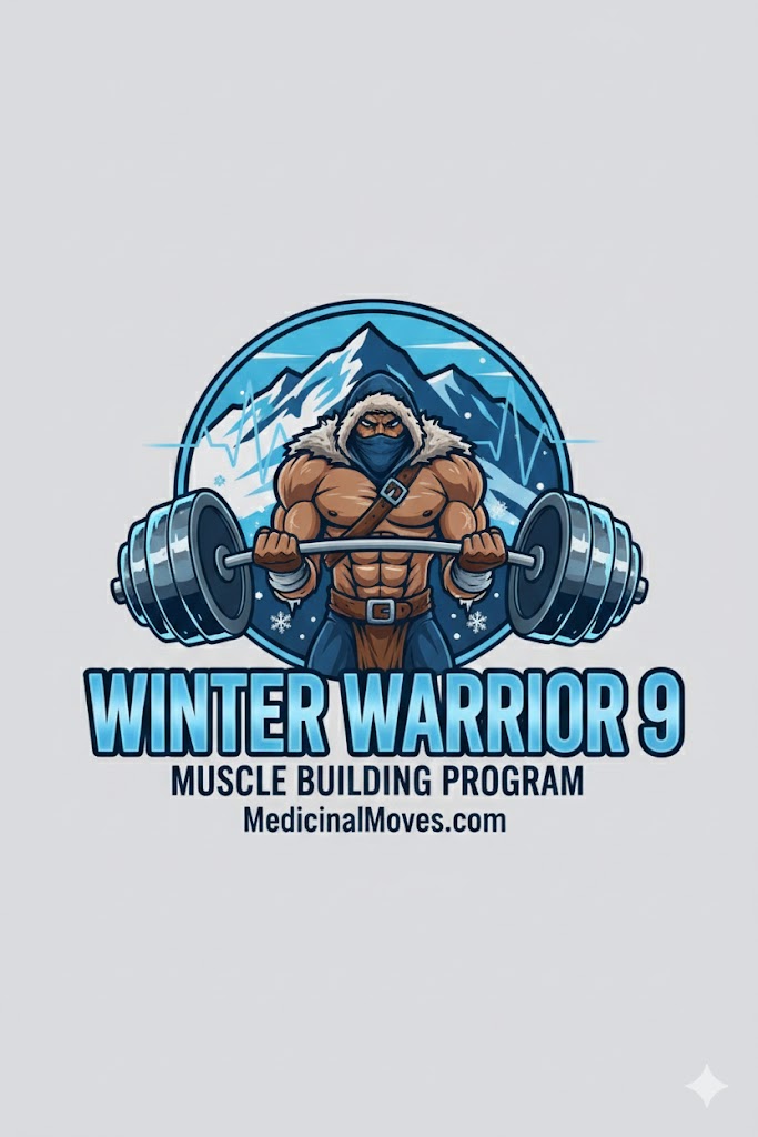 A muscular warrior with a bear mask lifting a barbell in front of snowy mountains, promoting a winter fitness program.
