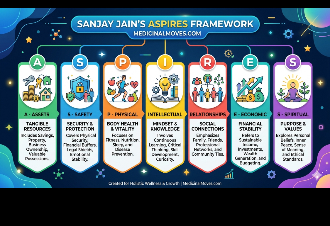 Infographic showing seven categories of health and wellness: Assets, Safety, Physical, Intellectual, Relationships, E, Spiritual, with icons and descriptions.