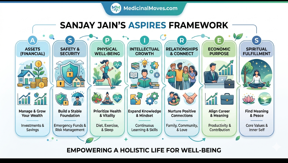 Infographic titled 'Sanjay Jain's ASPIRES Framework' with icons and text about assets, safety, physical well-being, growth, relationships, purpose, spiritual fulfillment, and empowerment, in a colorful layout.