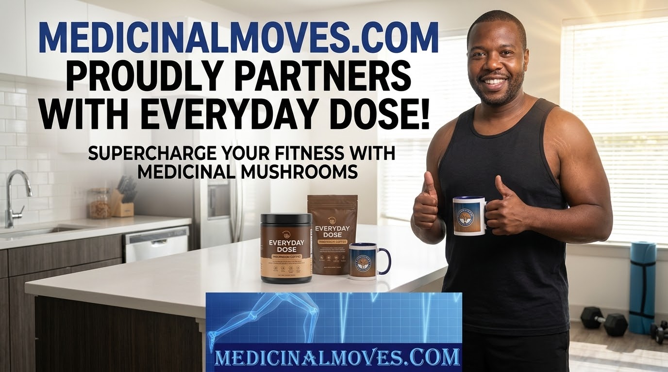 Smiling man in black tank top holding a supplement container, standing in a kitchen with promotional text for medicinal mushrooms.