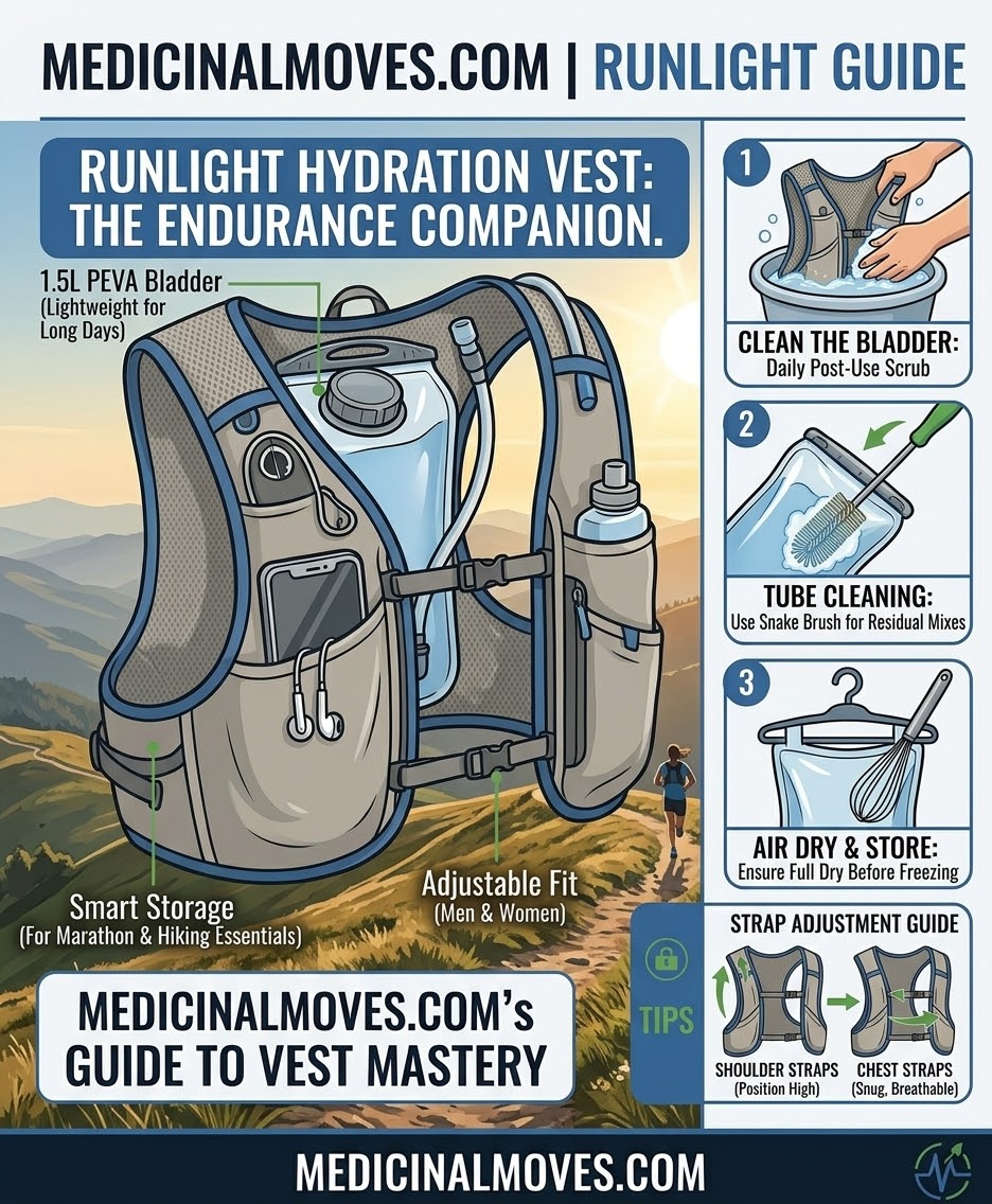 Illustration of a hydration vest with labeled cleaning and maintenance steps, including cleaning the bladder, tube, and storing properly.