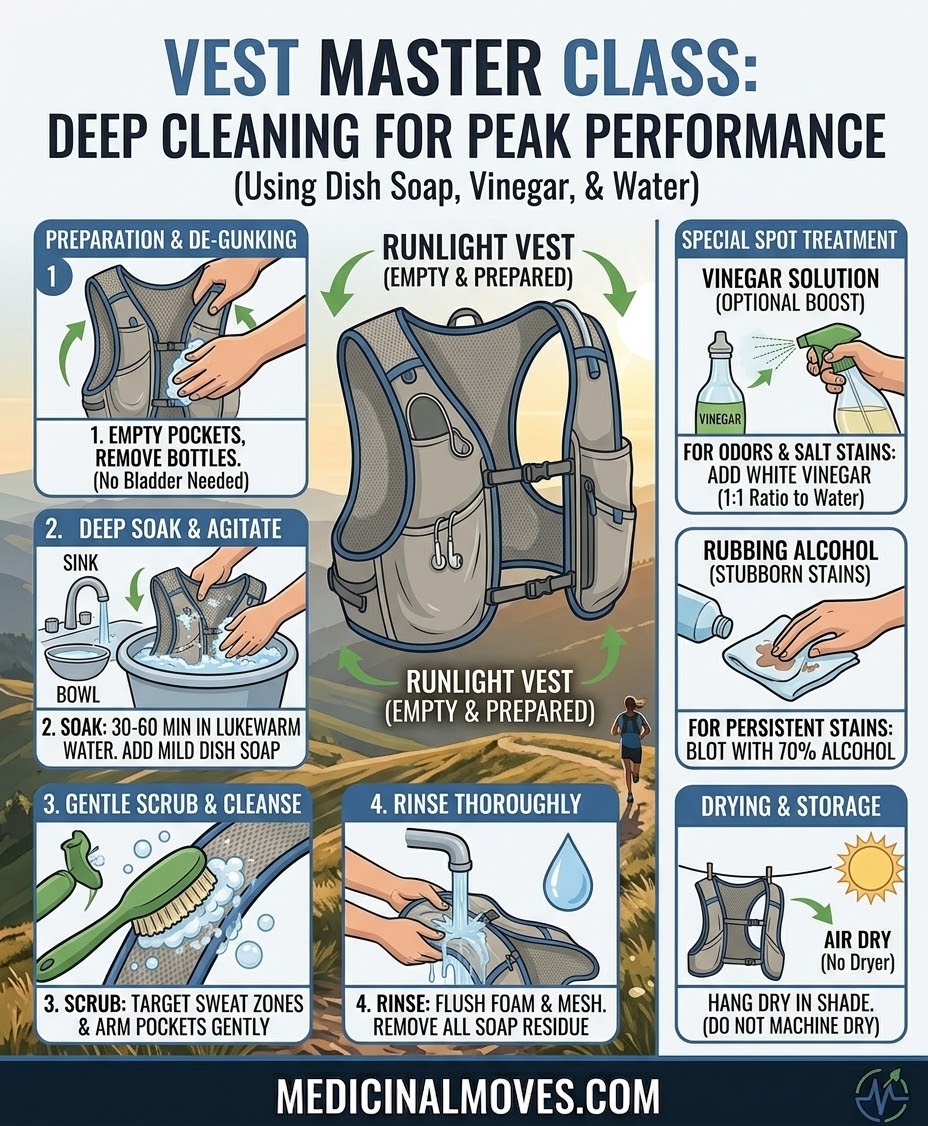 Infographic about deep cleaning for peak performance, showing a backpack with labeled cleaning steps, ingredients, and tips.
