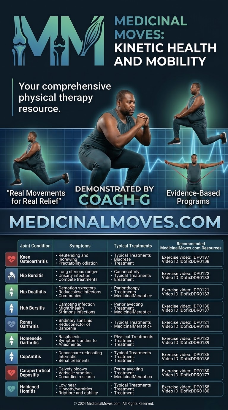 Poster promoting physical therapy with people exercising, text about health and mobility, website link, and a table of exercises.