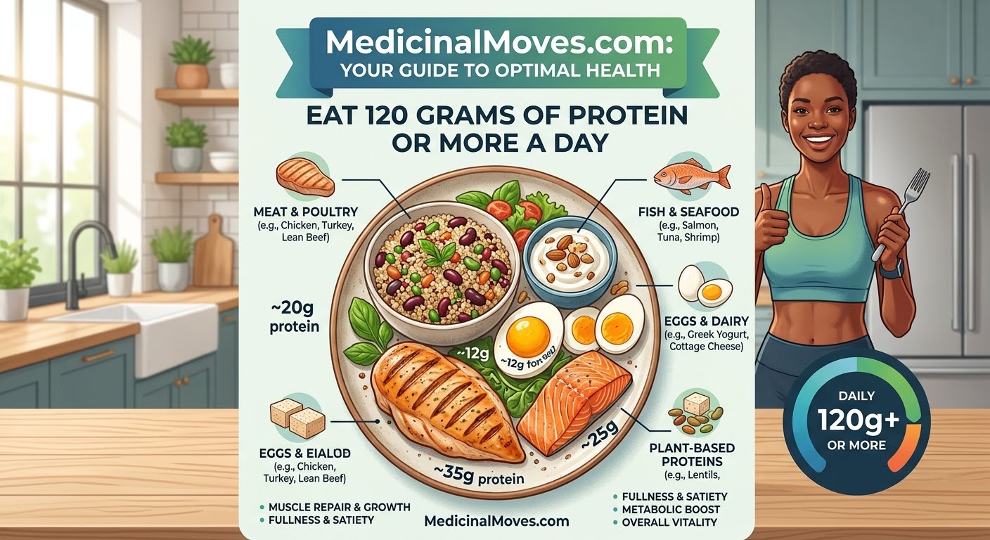 Infographic about high-protein diet with images of meat, fish, eggs, and plant-based foods, and a smiling woman holding a fork.