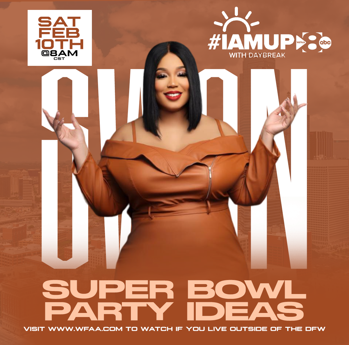 Woman smiling with arms raised, wearing a brown off-shoulder dress, standing in front of a promotional background for an event.