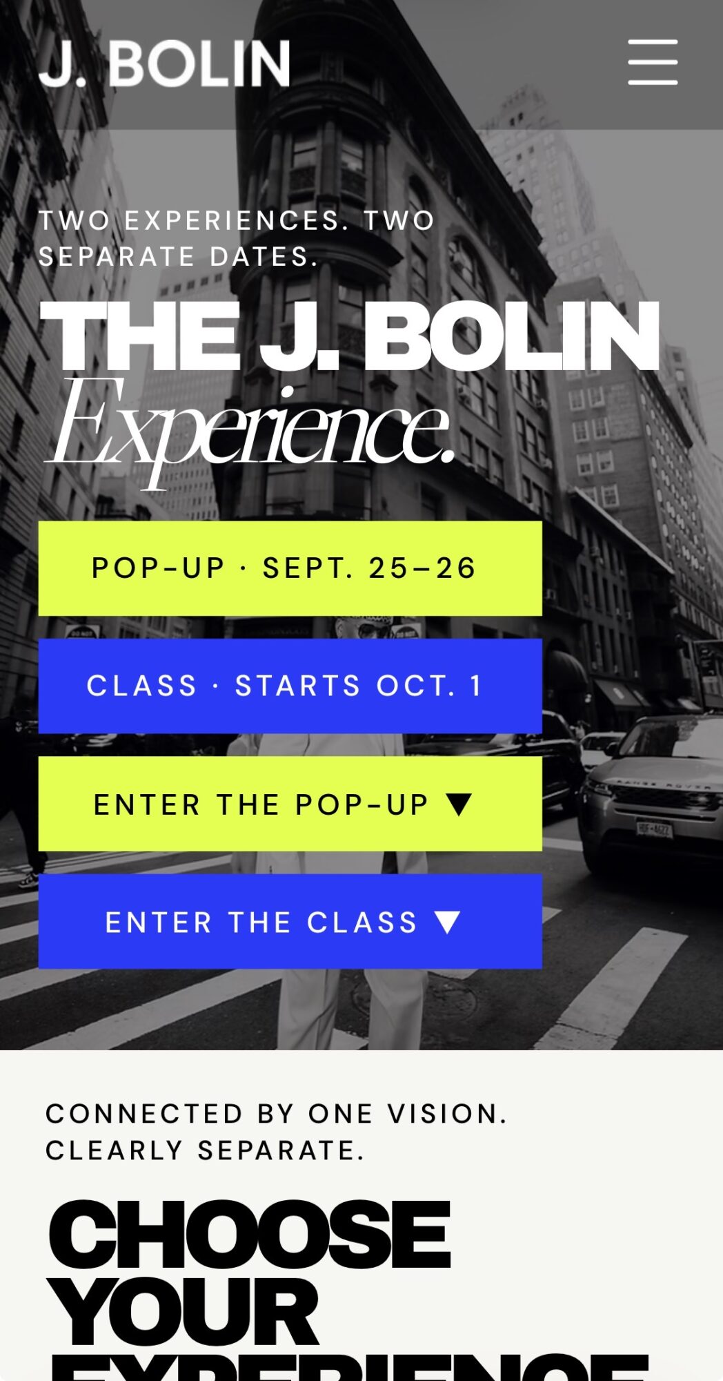 Black and white promotional poster for J. Bolin Experience with colorful call-to-action buttons, text, and a city street background.
