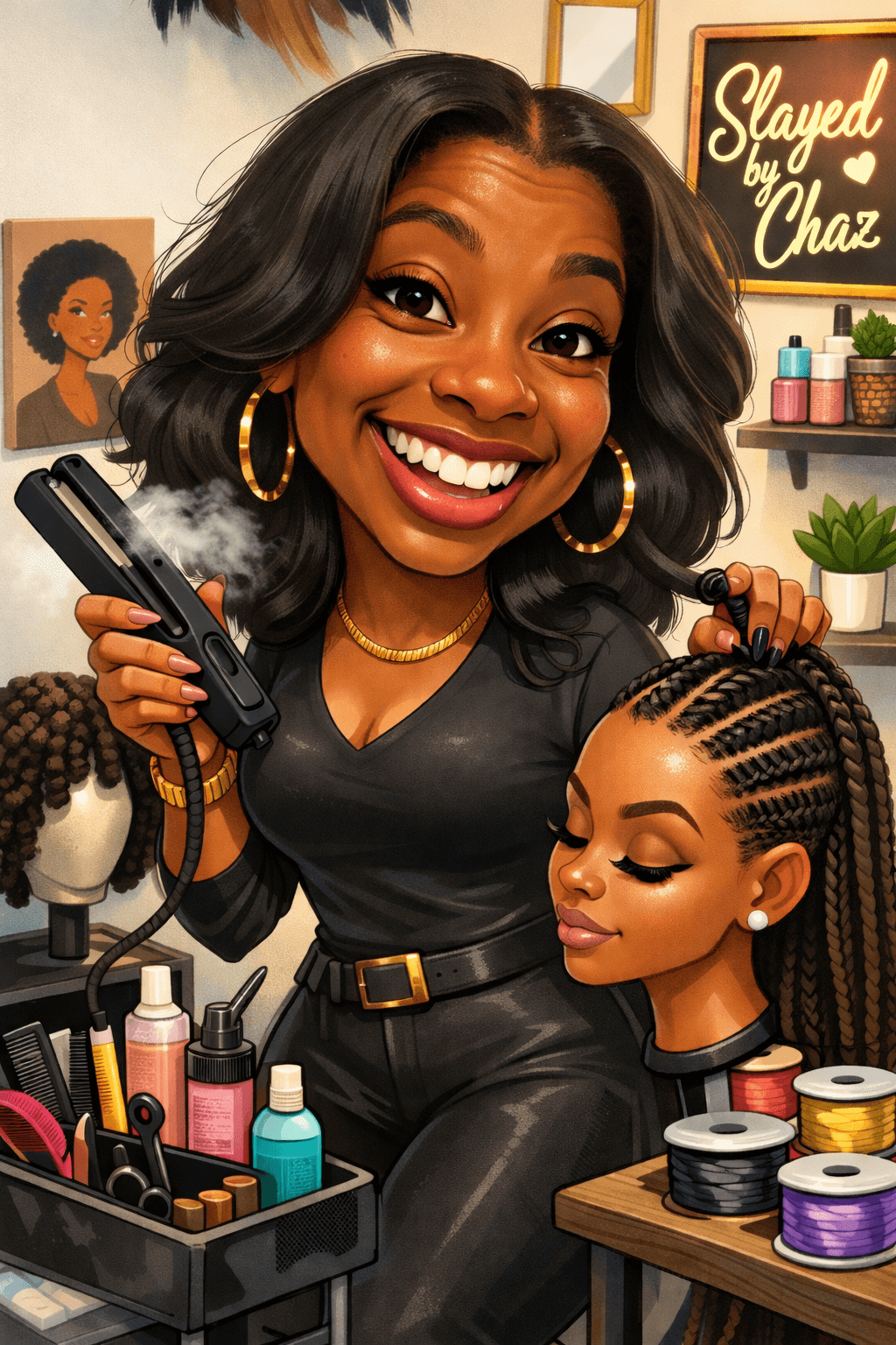 Woman with curly hair and hoop earrings smiling, holding a flat iron, in a beauty salon with hair products and a mirror.