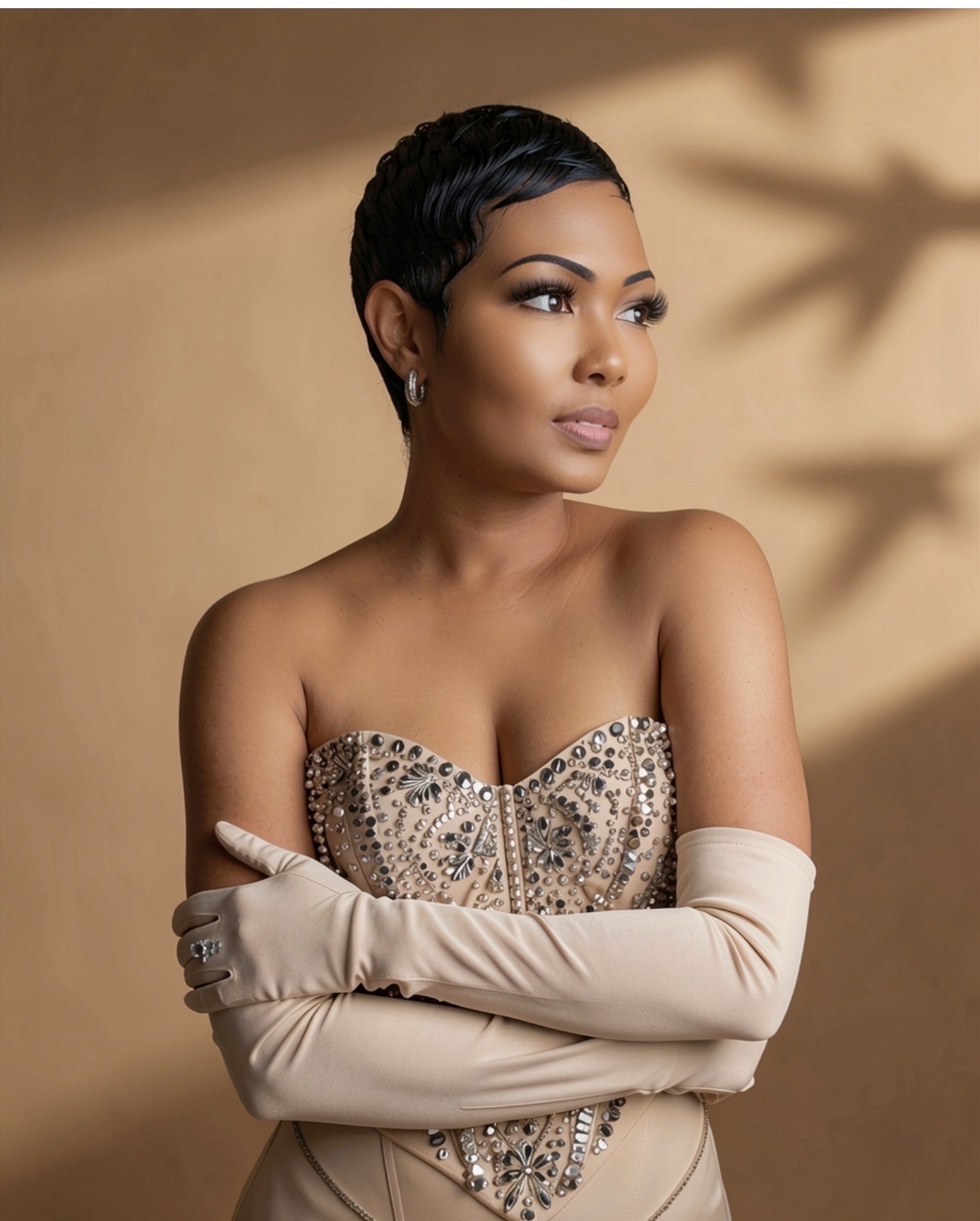 Woman with short black hair wearing a strapless dress and long gloves, looking to the side, with a shadowed background.