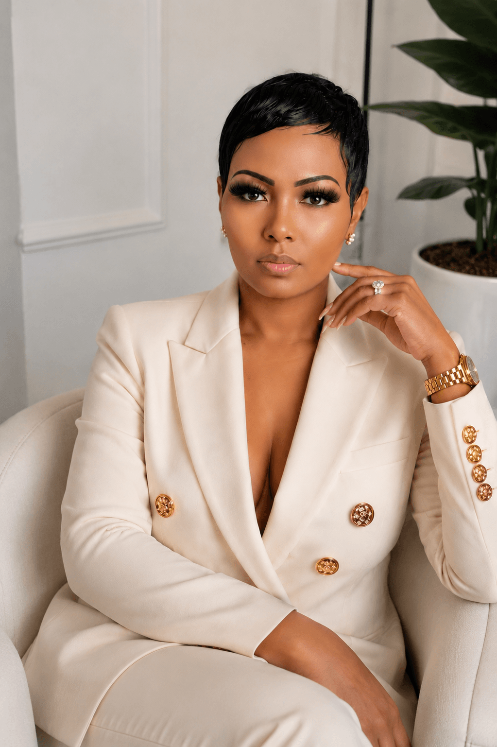 Woman with short black hair wearing a cream blazer with gold buttons, sitting on a white sofa, with a plant in the background.