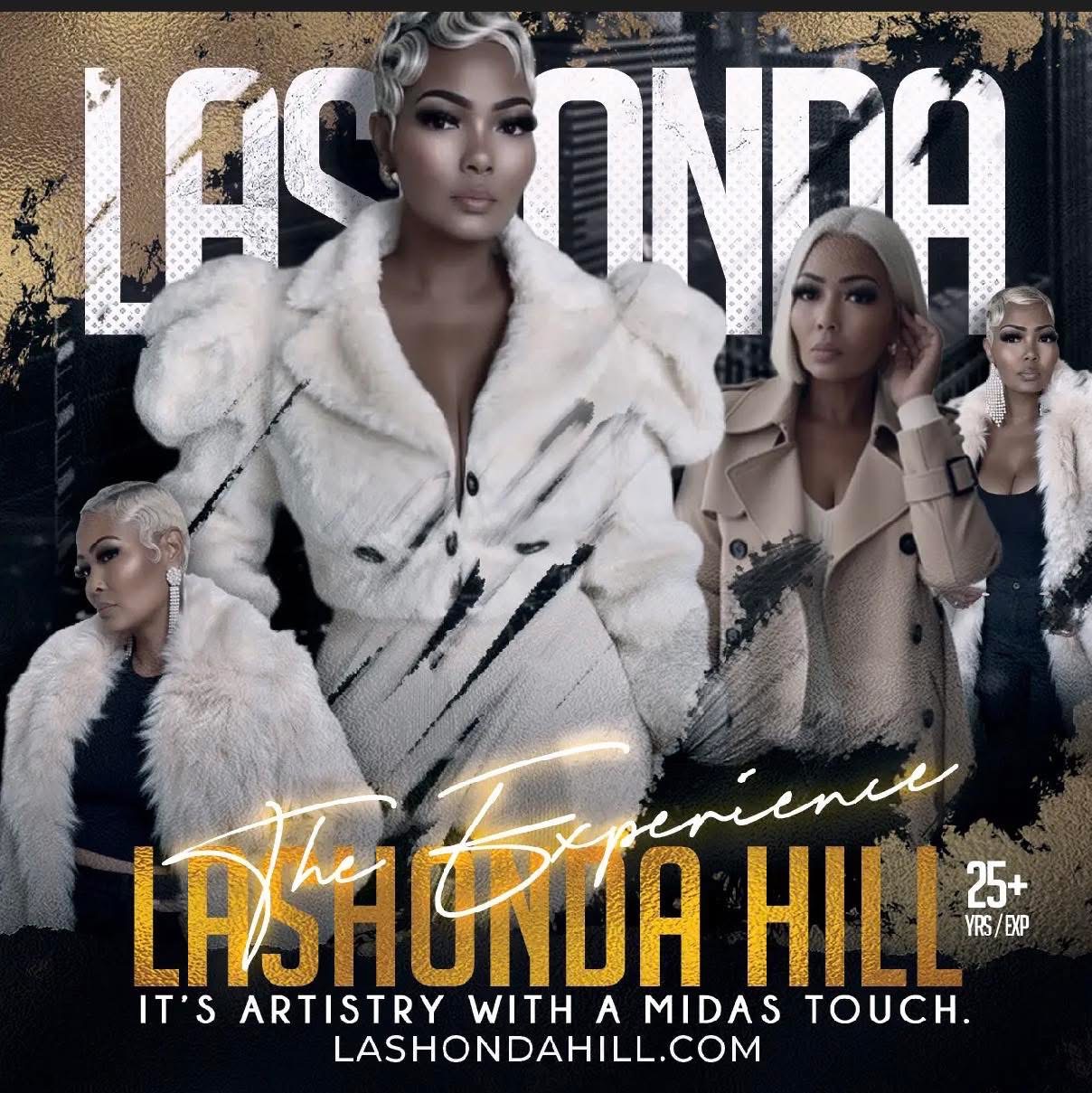 Four women pose in fashionable outfits against a dark background with text and graphics, promoting Lasonda Hill experience.