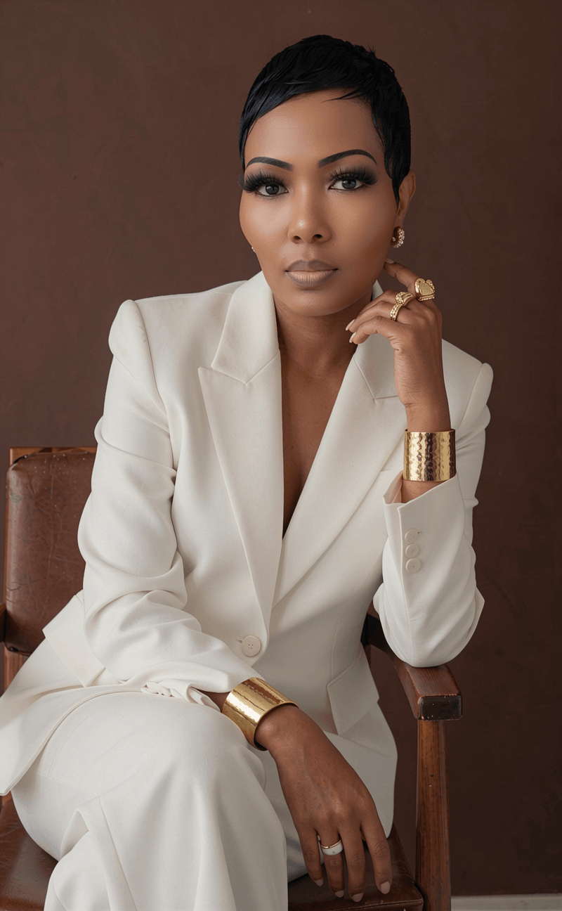 Woman with short black hair wearing a white suit, sitting on a chair with a brown background.