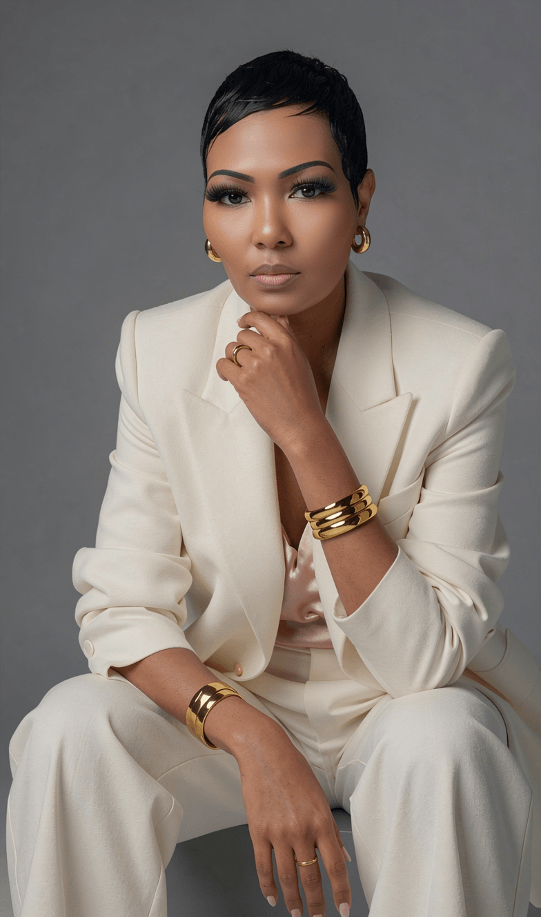Woman with short black hair wearing a cream-colored suit, sitting with her hand on her chin, against a gray background.