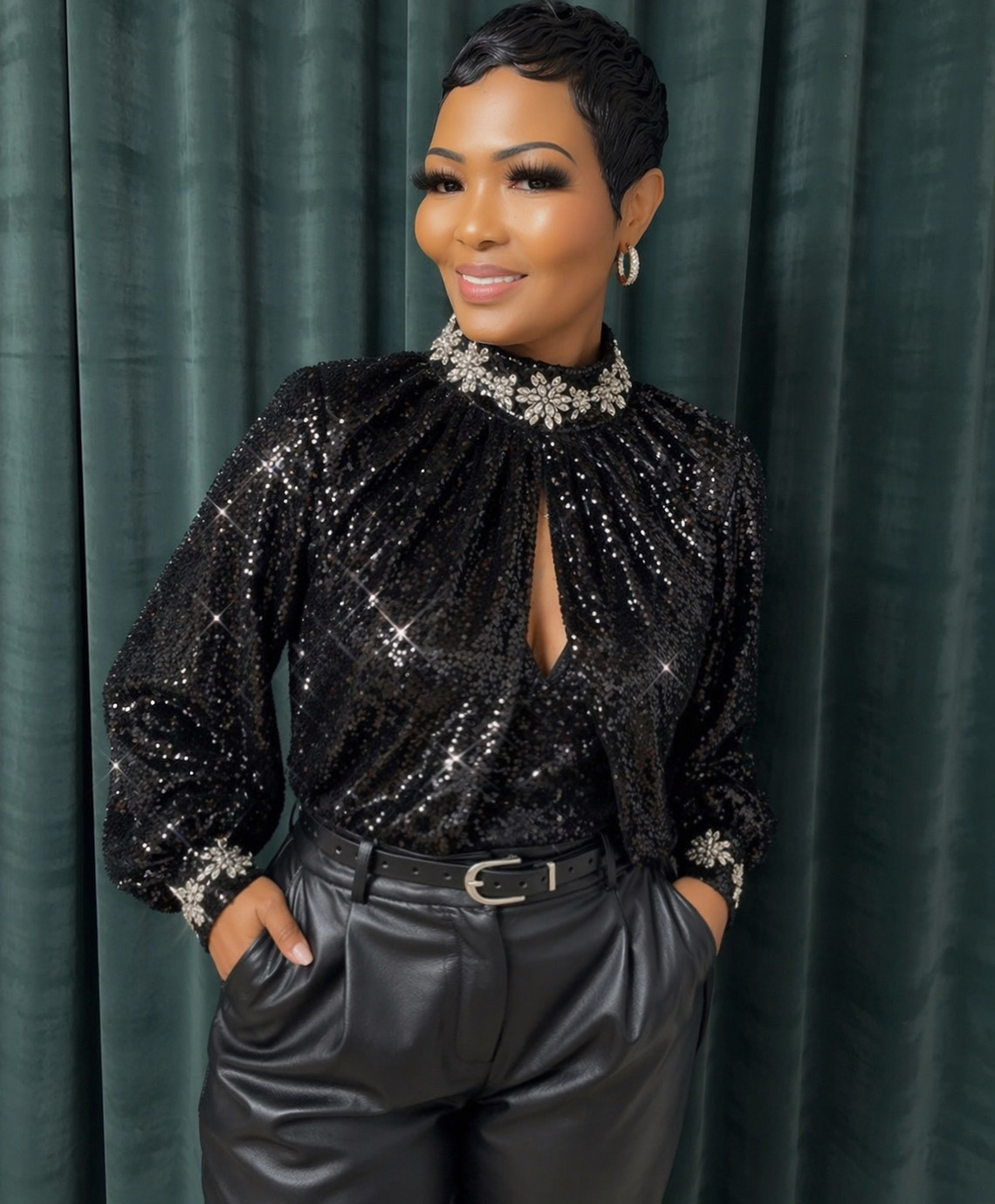 Woman with short hair wearing a black, sequined dress with a high neckline and jewelry, standing in front of a green curtain.