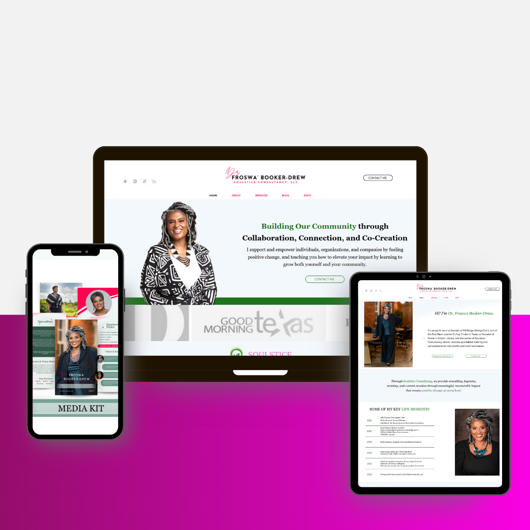 Screens displaying a website, a media kit, and a document, with a woman in a black and white outfit on the website. 20 words.