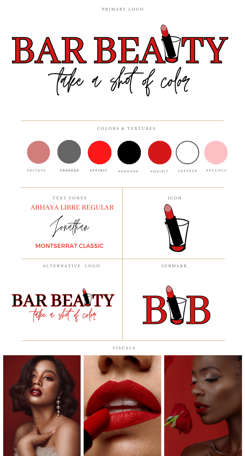 Color palette with shades of pink, gray, black, red, and white, and makeup images including lips and a woman with makeup.