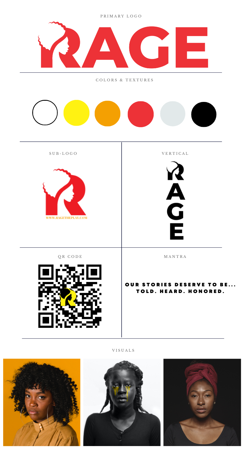Design with the word RAGE, color palette, QR code, and three portraits of women with diverse hairstyles and head coverings.