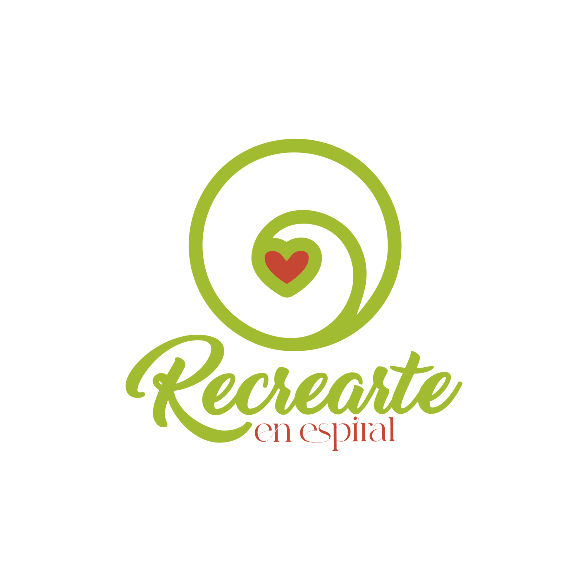 Logo with a green spiral and heart, with the words 'Recrearte en espiral' in green and red.