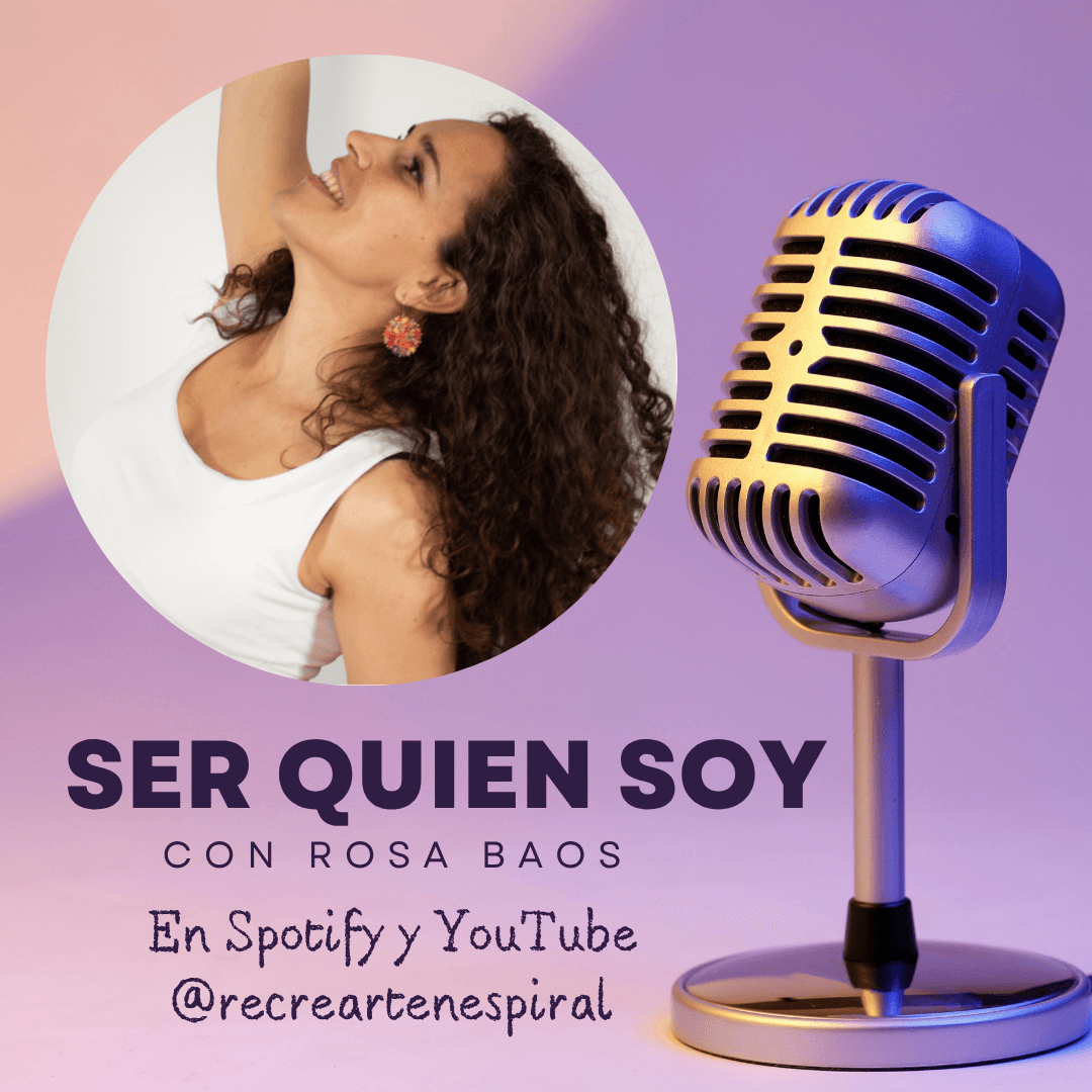 Woman with curly hair smiling, microphone on purple background, promotional poster for Rosa Baos's podcast on Spotify and YouTube.
