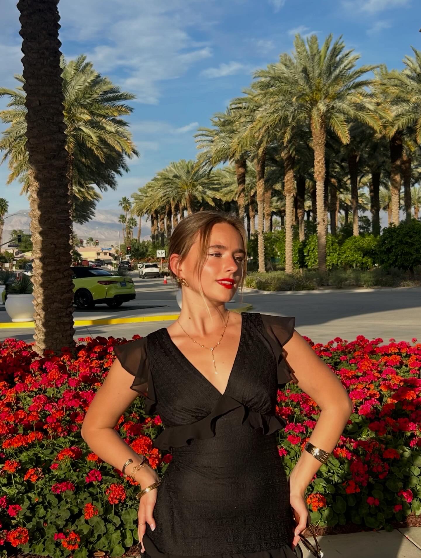 Woman in black dress standing in front of red flowers and palm trees, sunny day, blue sky.