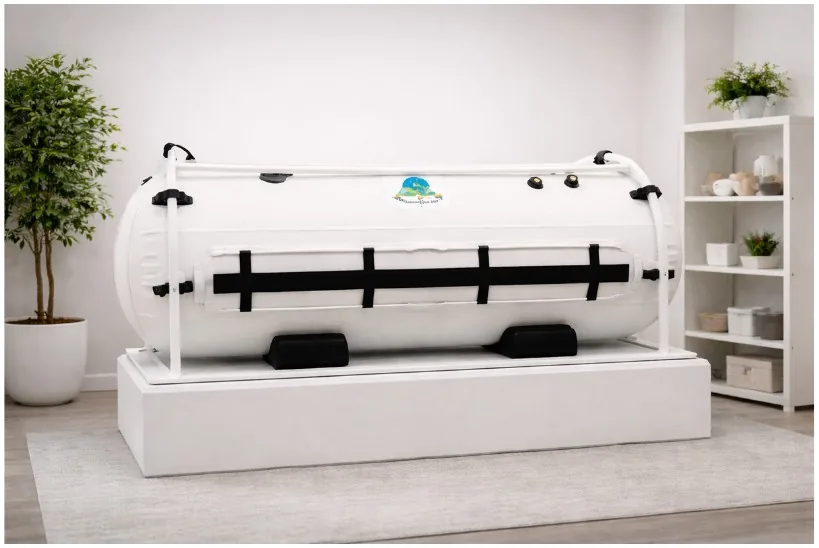Large white hyperbaric oxygen chamber in a room with potted plant and shelves, on a platform with a gray rug.