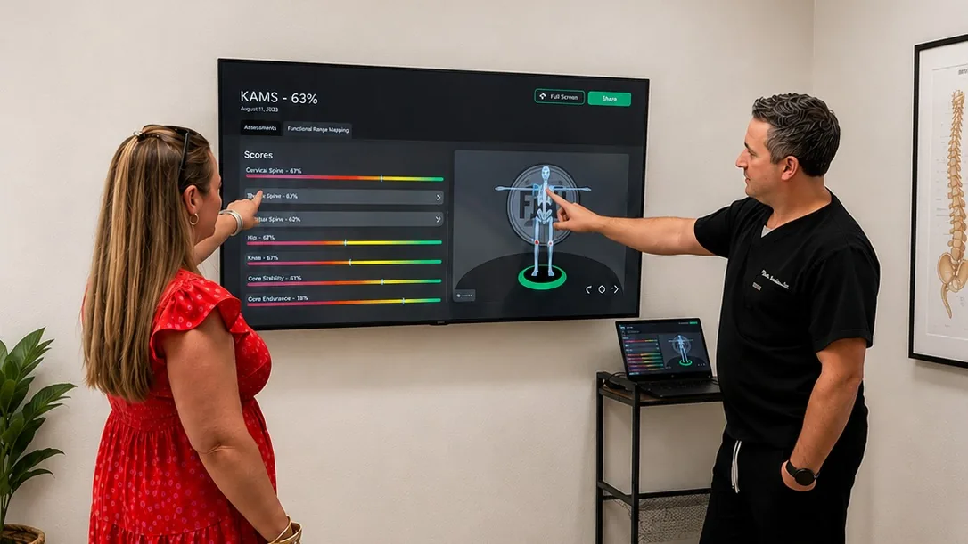 A woman in a red dress and a man in black discuss data displayed on a large screen in a room.