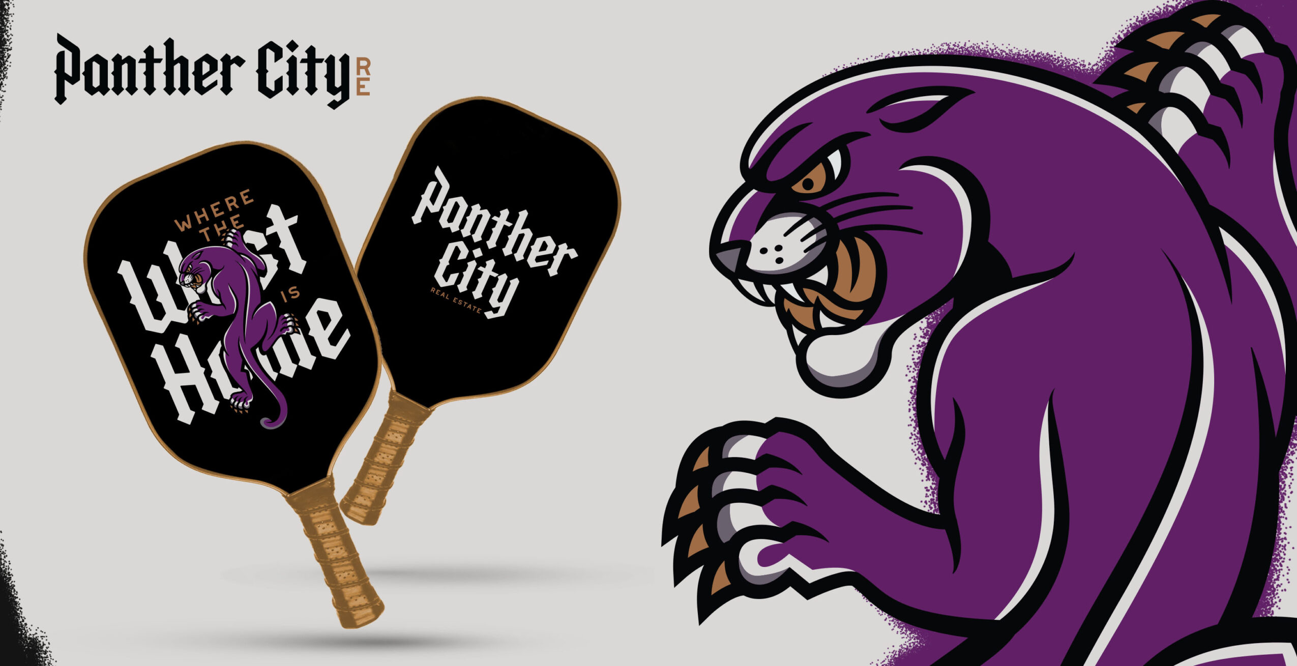 Two black paddles with Panther City logo and a purple panther mascot with claws extended, on a light background.