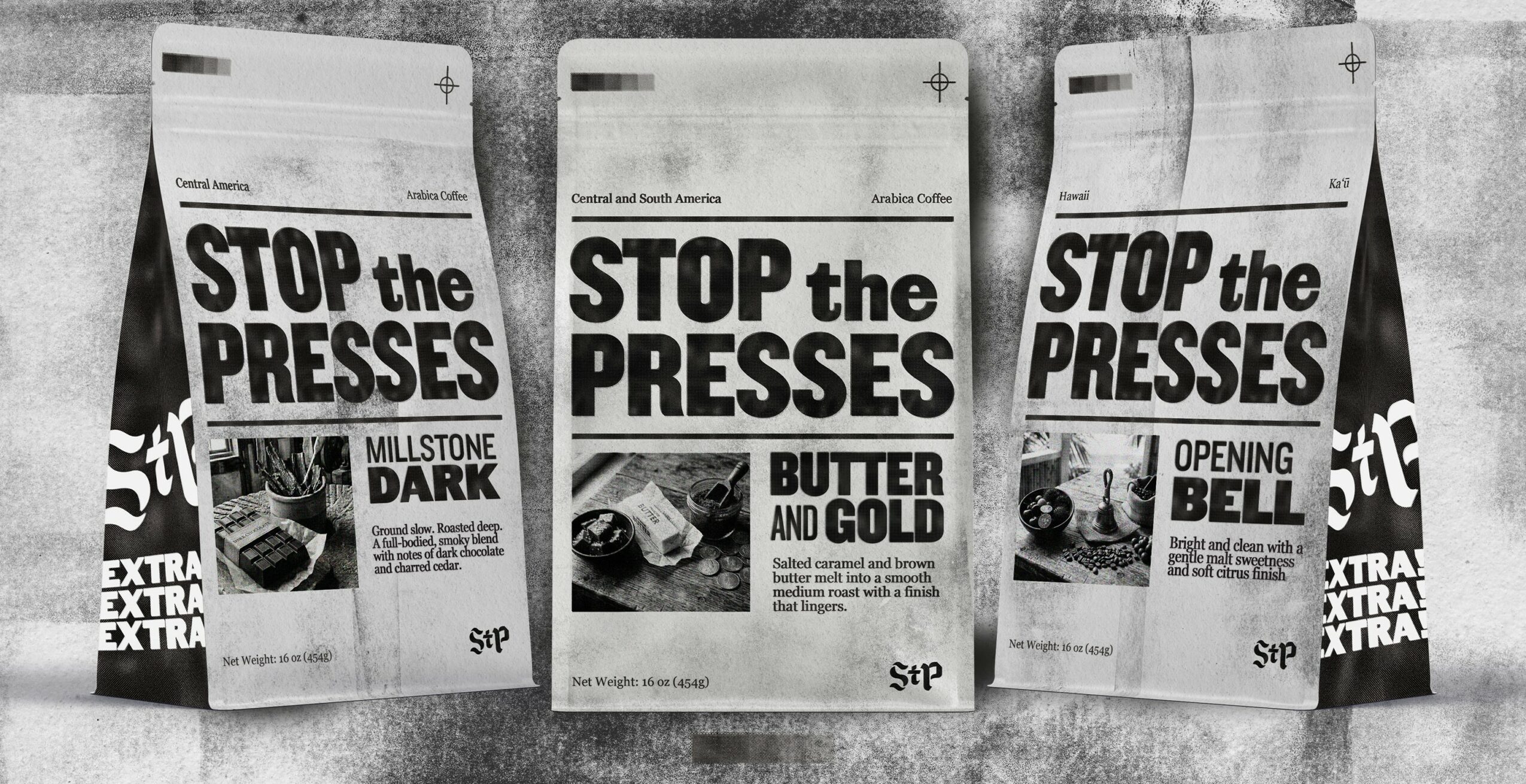 Three black and white protest signs with bold text reading 'STOP the PRESSES' and different messages below.
