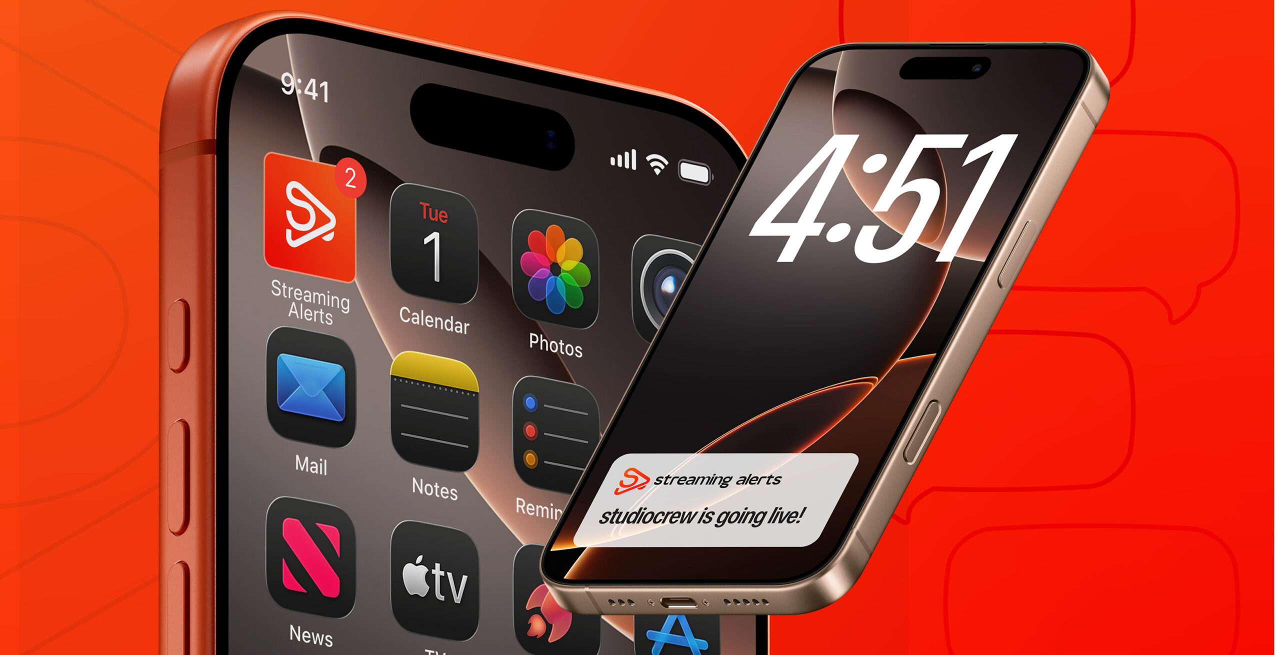 Close-up of two smartphones with app icons and a red background.