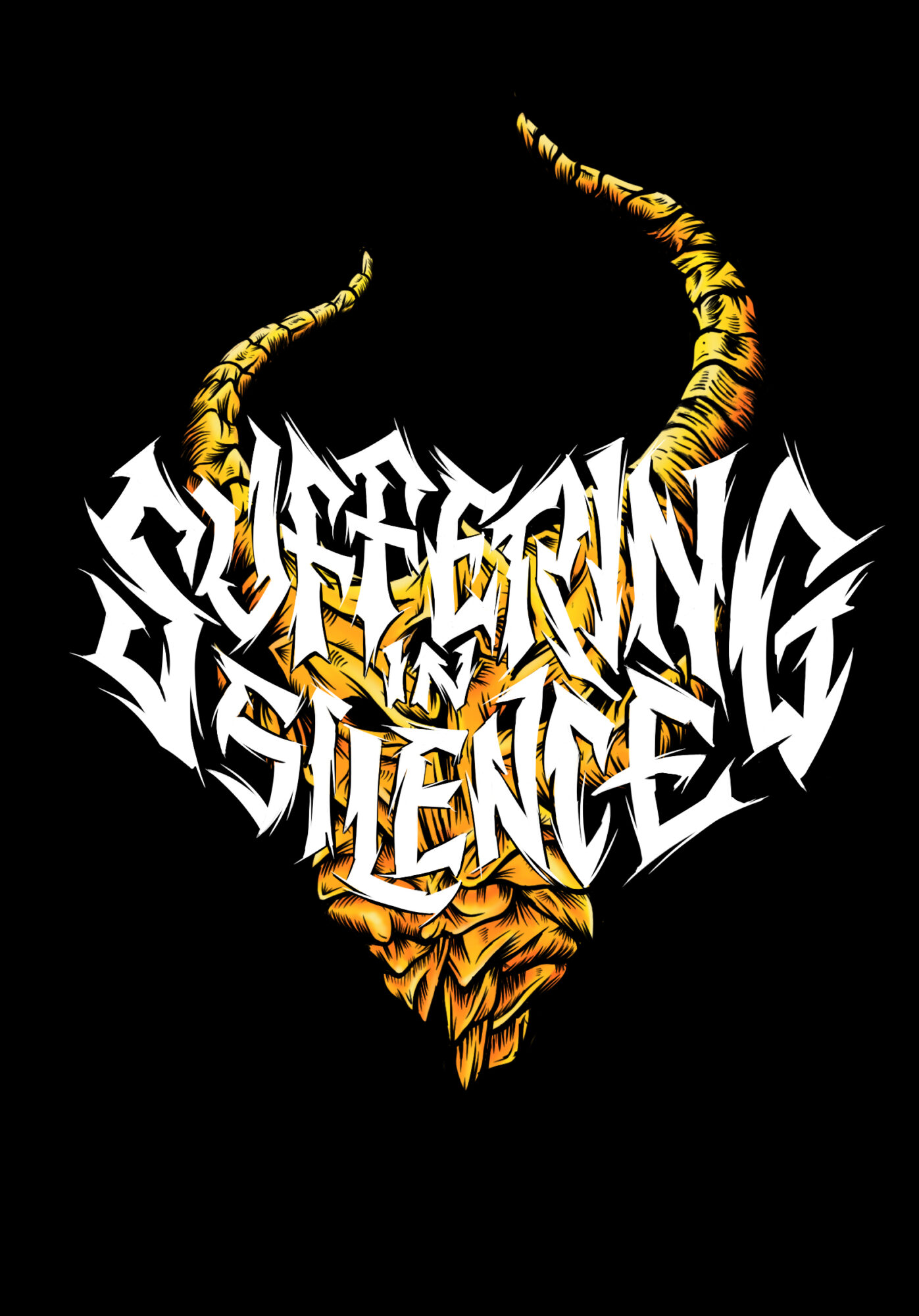 Text with horns and a face, reading 'Suffering and Desengel' in stylized font on black background.