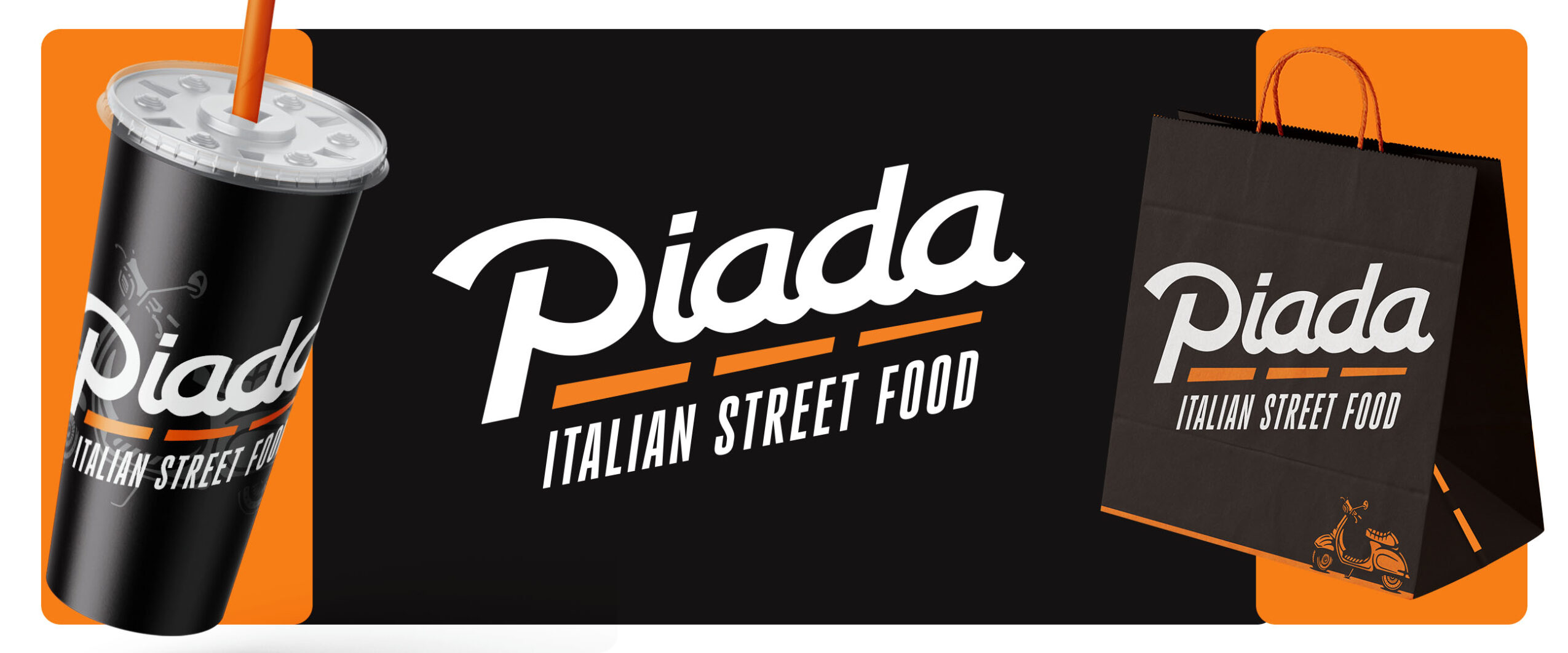 Black cup with straw, Piada logo, and a shopping bag with Piada logo, all on a black background.