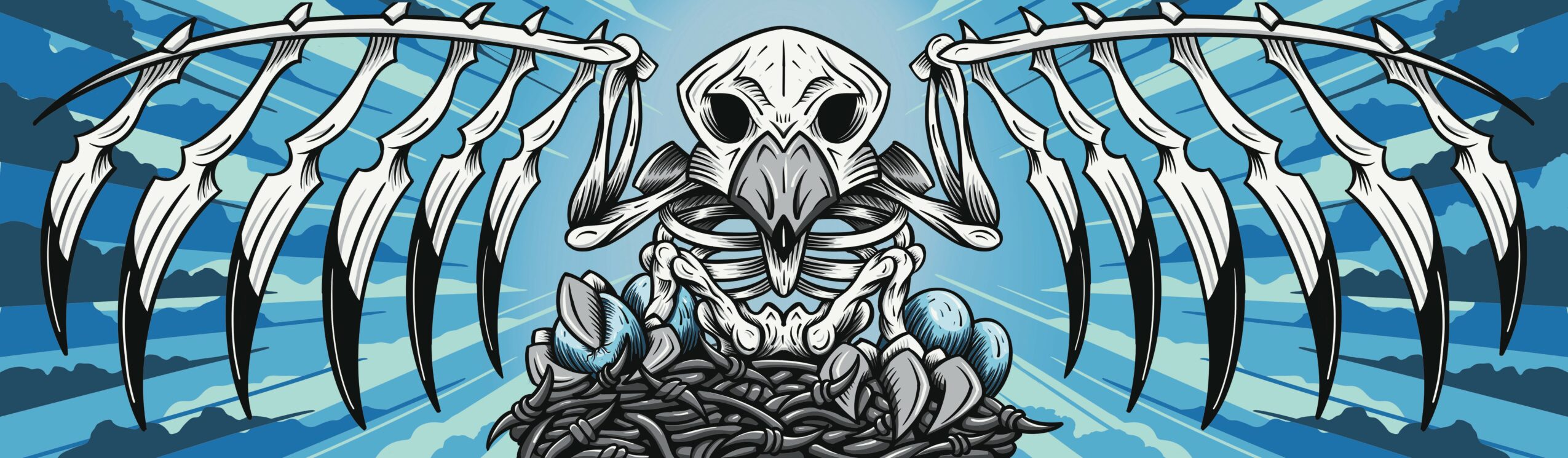 A detailed illustration of a creature with wings, sitting cross-legged, with a skull-like face and skeletal features, against a blue background.