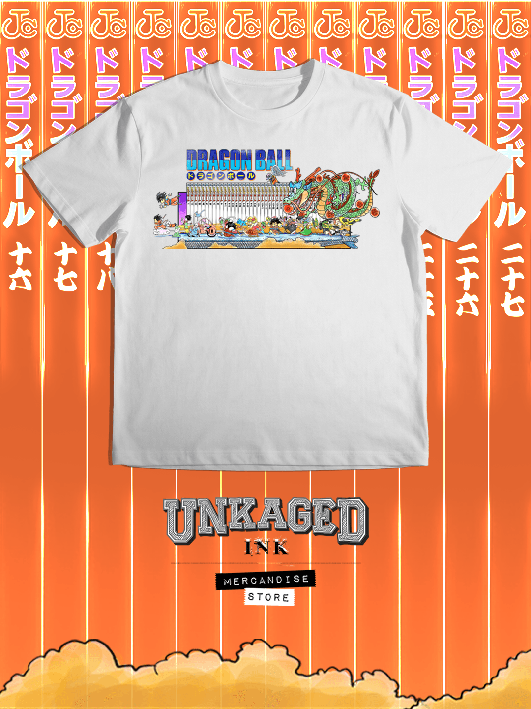 White T-shirt with colorful dragon and landscape design, displayed against orange background with Japanese text, and store branding below.