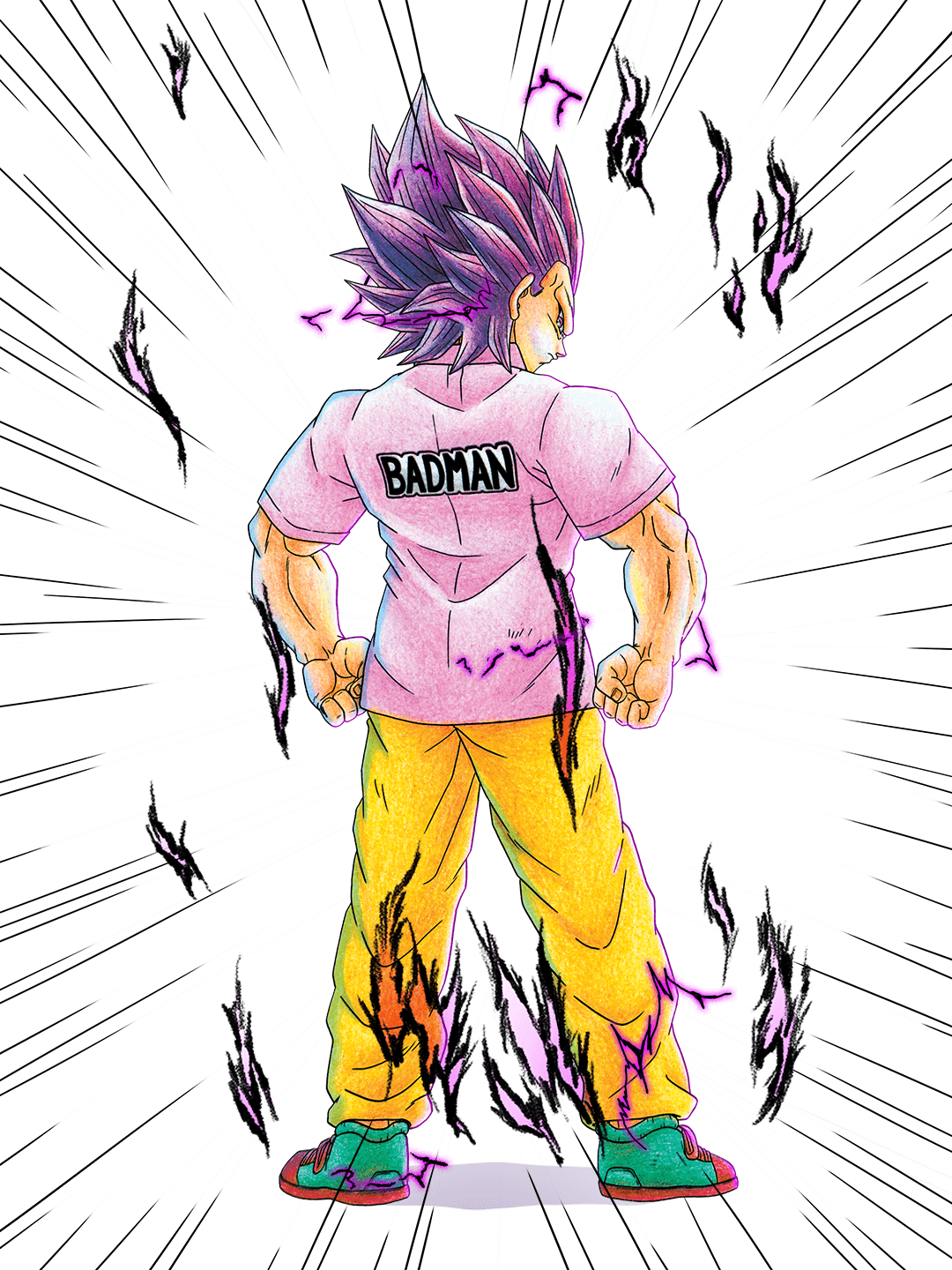 Back view of a character with spiky purple hair, wearing a pink shirt with 'BADMAN' on the back, yellow pants, and teal shoes, surrounded by black energy streaks.