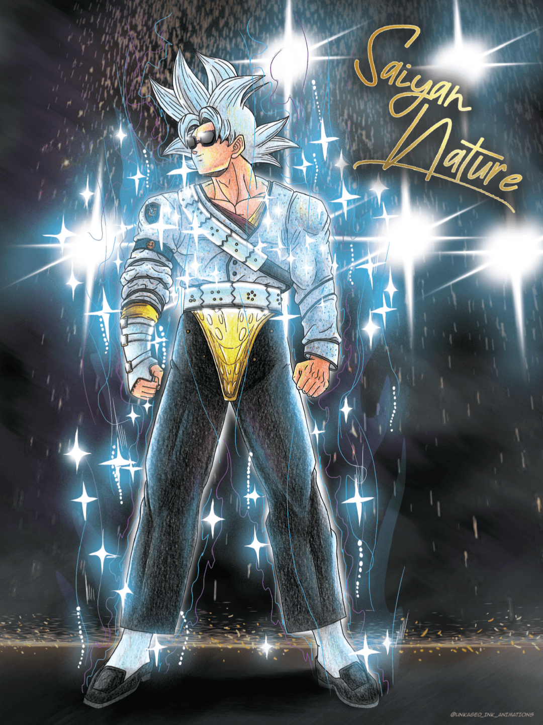 Character with spiky hair, sunglasses, and glowing aura, standing confidently with hands at sides, background with stars and energy effects.