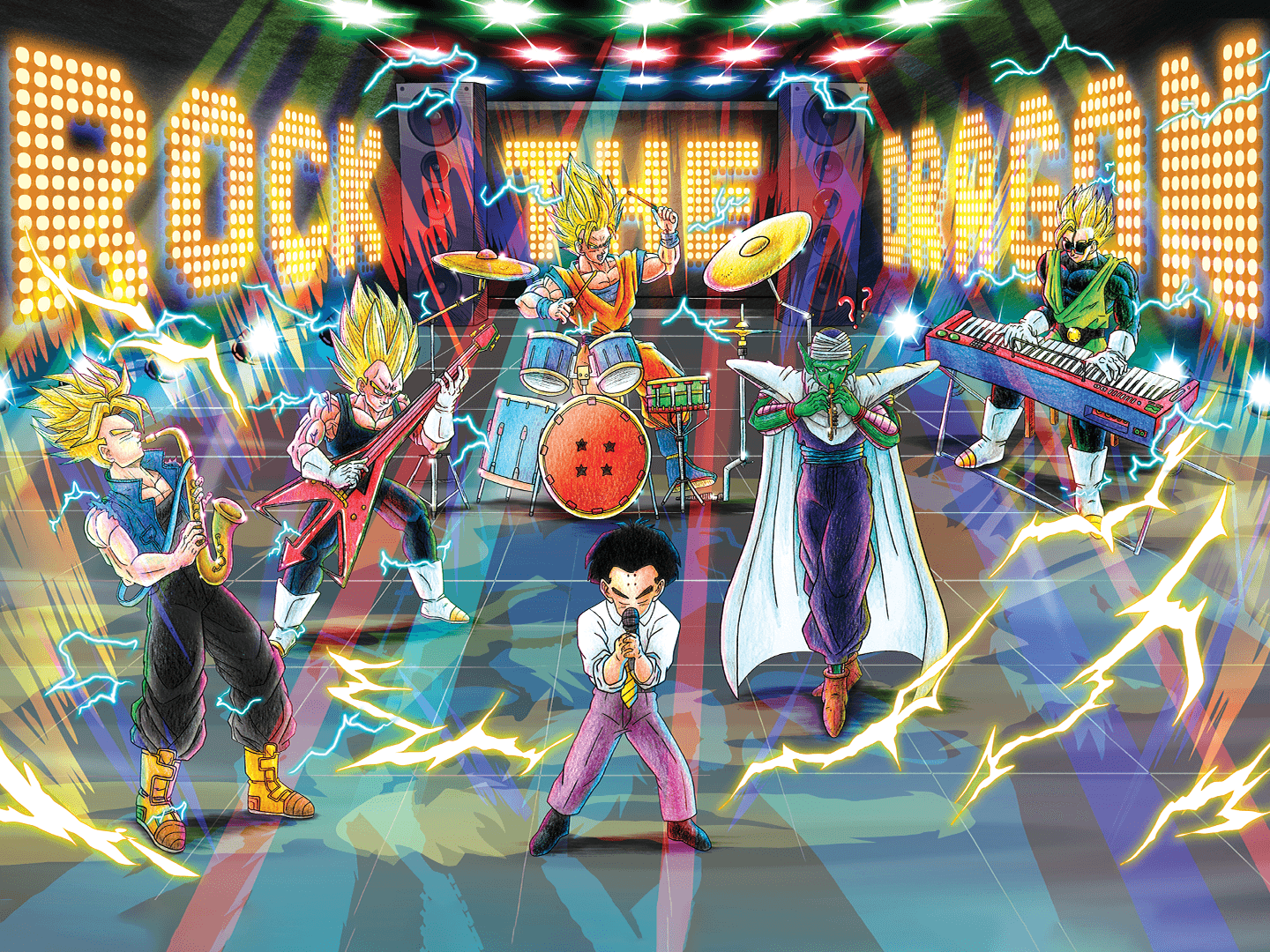 Animated band performing on stage with colorful lights and lightning effects, with a large