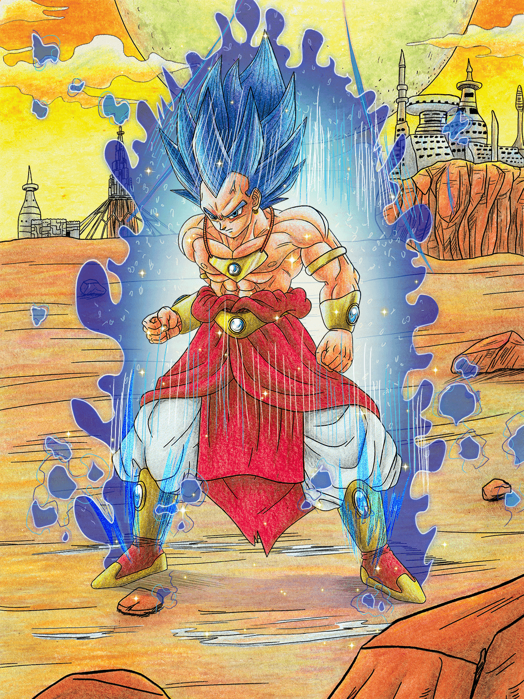 A muscular character with spiky blue hair, wearing red and white clothing, surrounded by blue energy in a desert landscape.