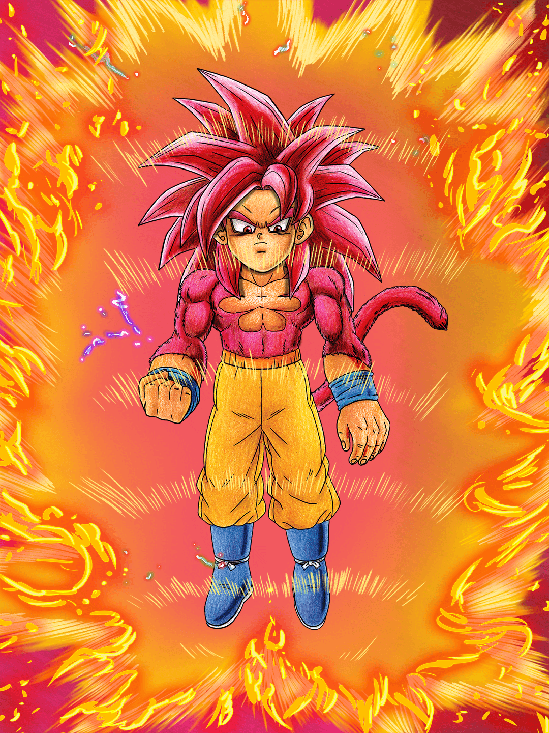 Character with spiky pink hair, muscular build, surrounded by flames, in a fighting stance, wearing yellow pants and blue boots.