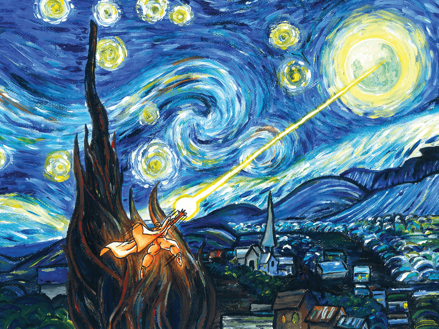 Starry night sky with swirling clouds, a bright moon, and a shooting star over a village with houses and a church.