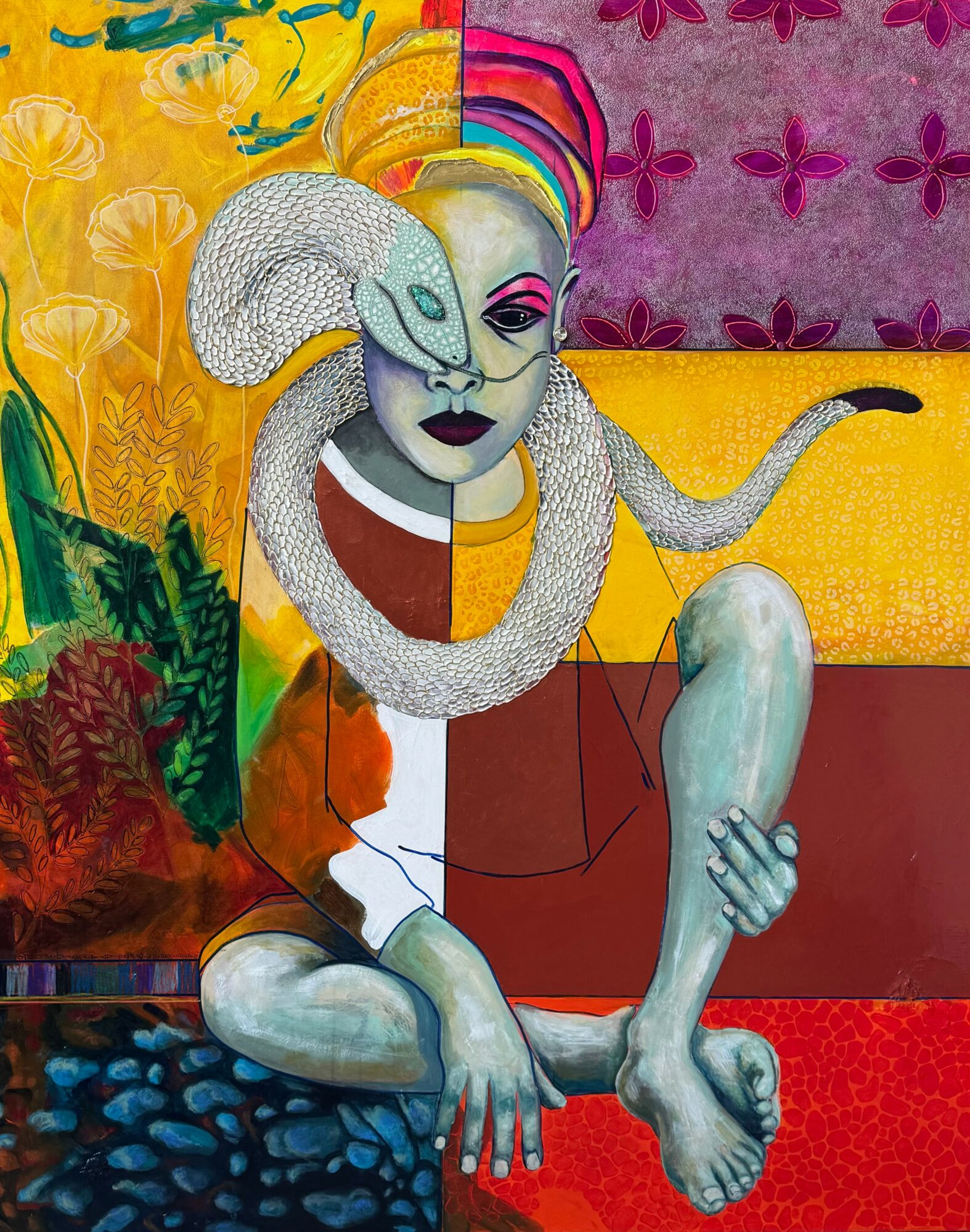 Colorful abstract painting of a person with a snake around their neck, holding a foot, with vibrant background patterns.