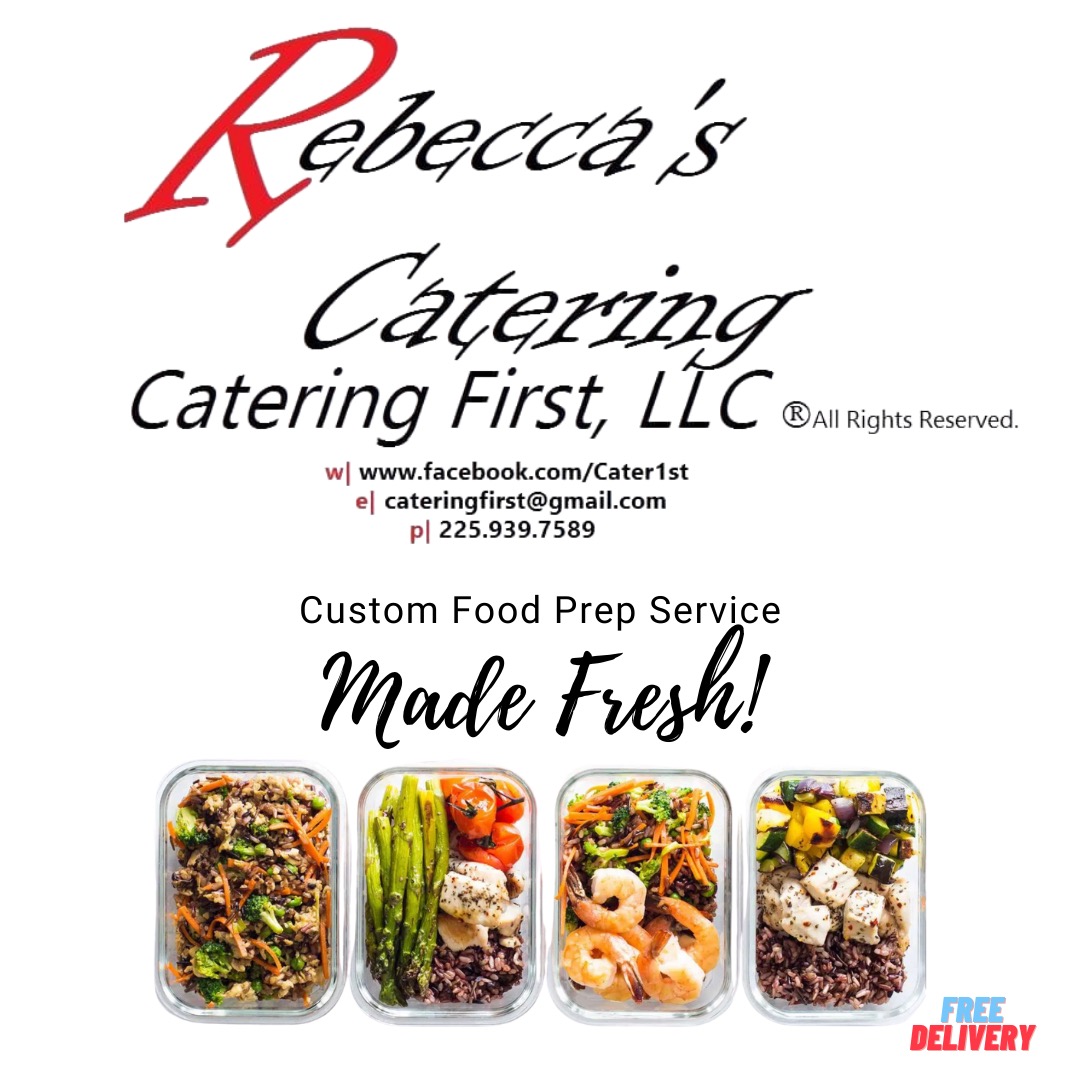 Catering business card with text and images of food containers, featuring the company name, contact info, and slogan.