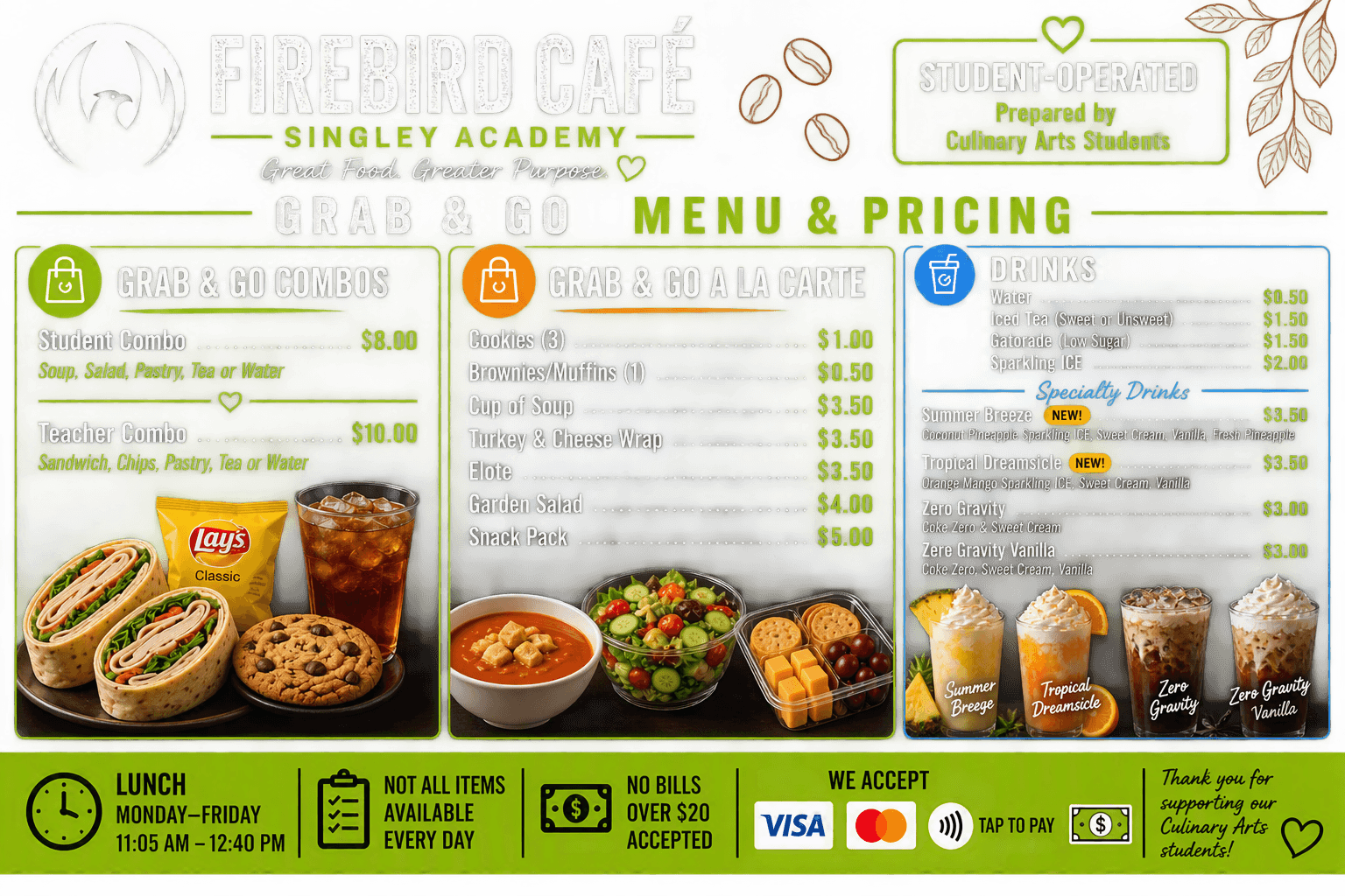 Menu from Firebird Café at Singley Academy featuring grab and go options, drinks, and lunch specials with images of sandwiches, salads, and beverages.