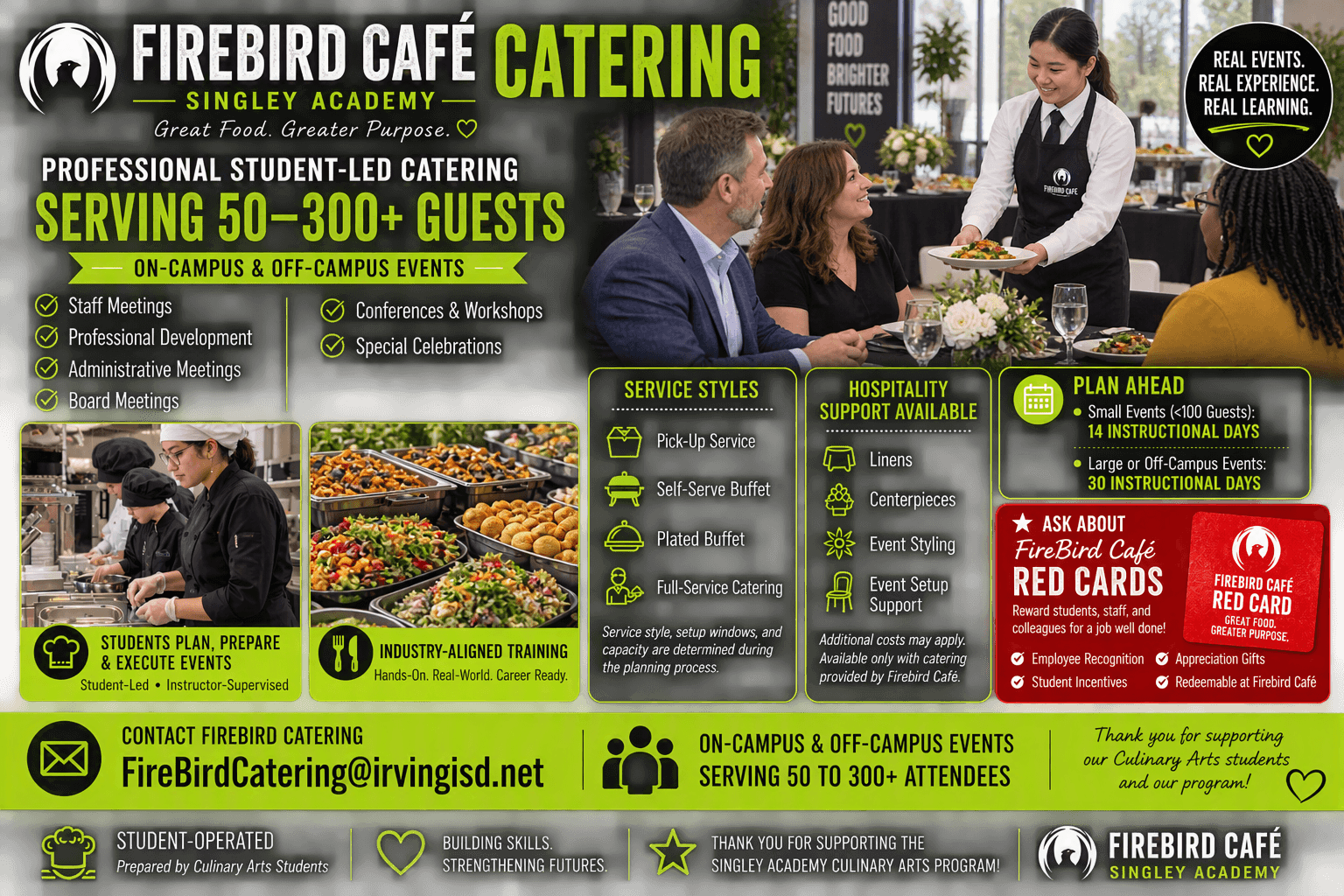 Firebird Café catering advertisement with staff preparing food, menu details, and contact information, on a green and black background.